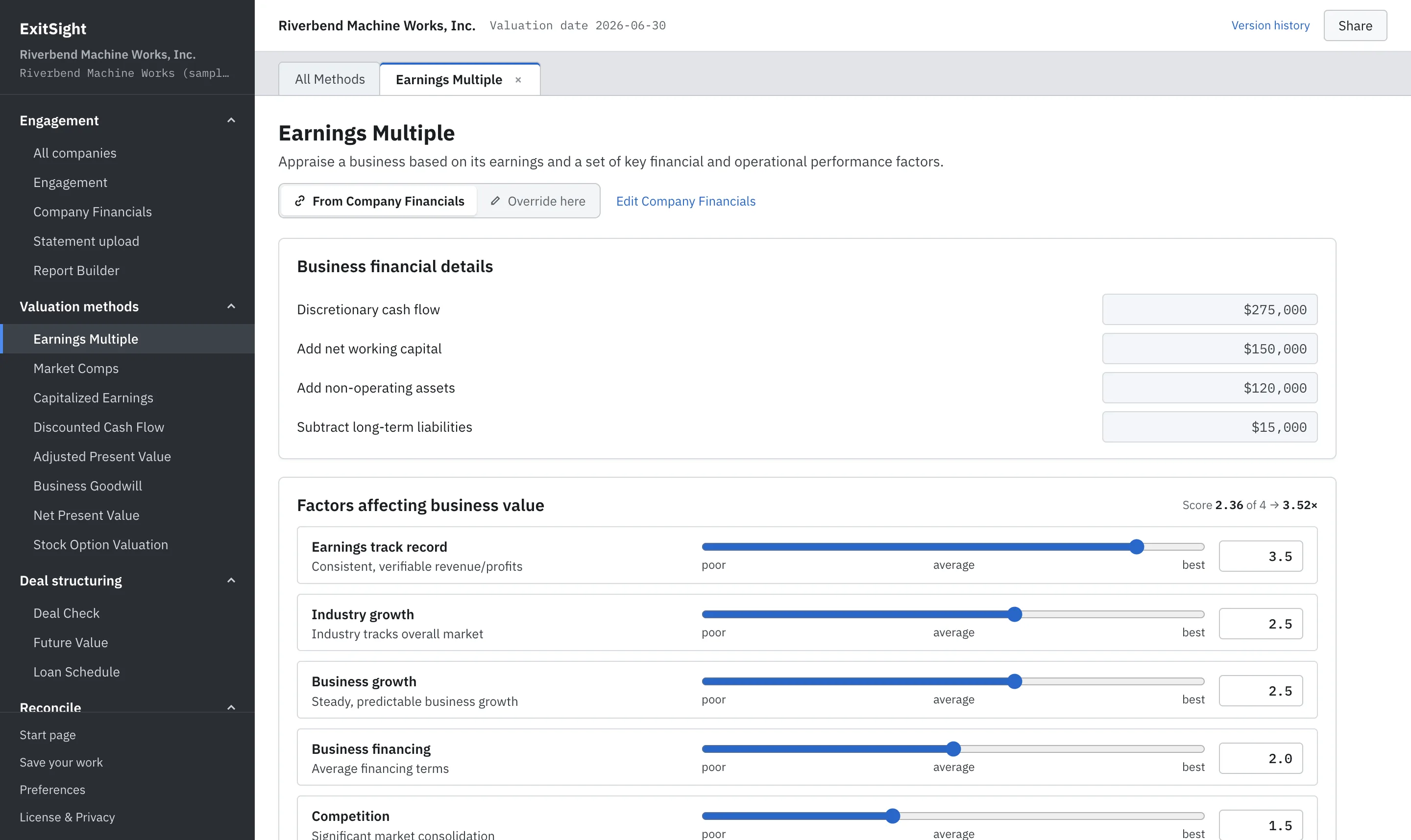 The Earnings Multiple worksheet: inputs from Company Financials and seven scored value drivers